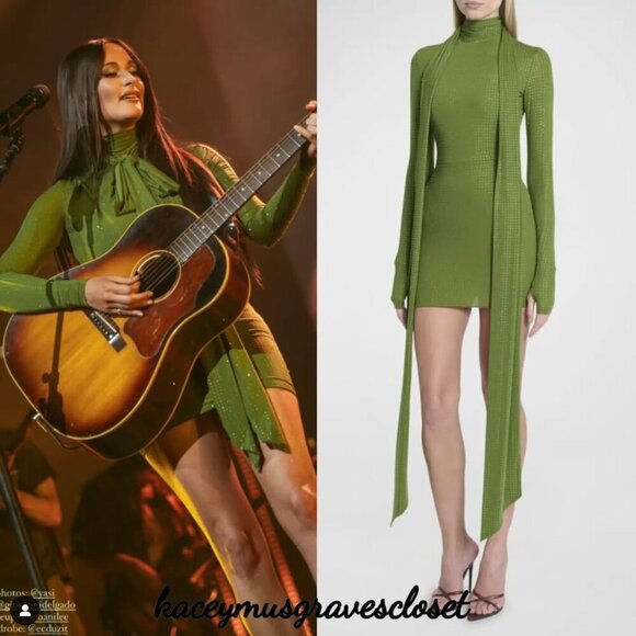 Alex Perry Fern Green Crystal Embellished Long-Sleeve Scarf-Neck Mini Dress - Picture 1 of 9